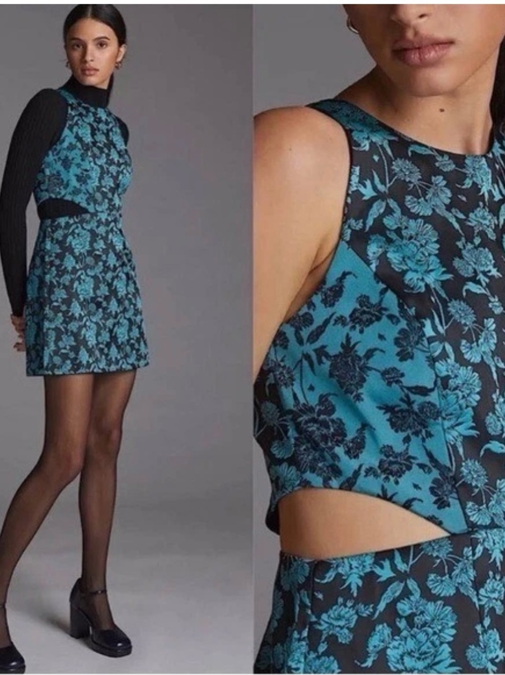 Anthropologie Hutch Floral Jacquard Cut-Out Mini Dress Baroque Blue Black